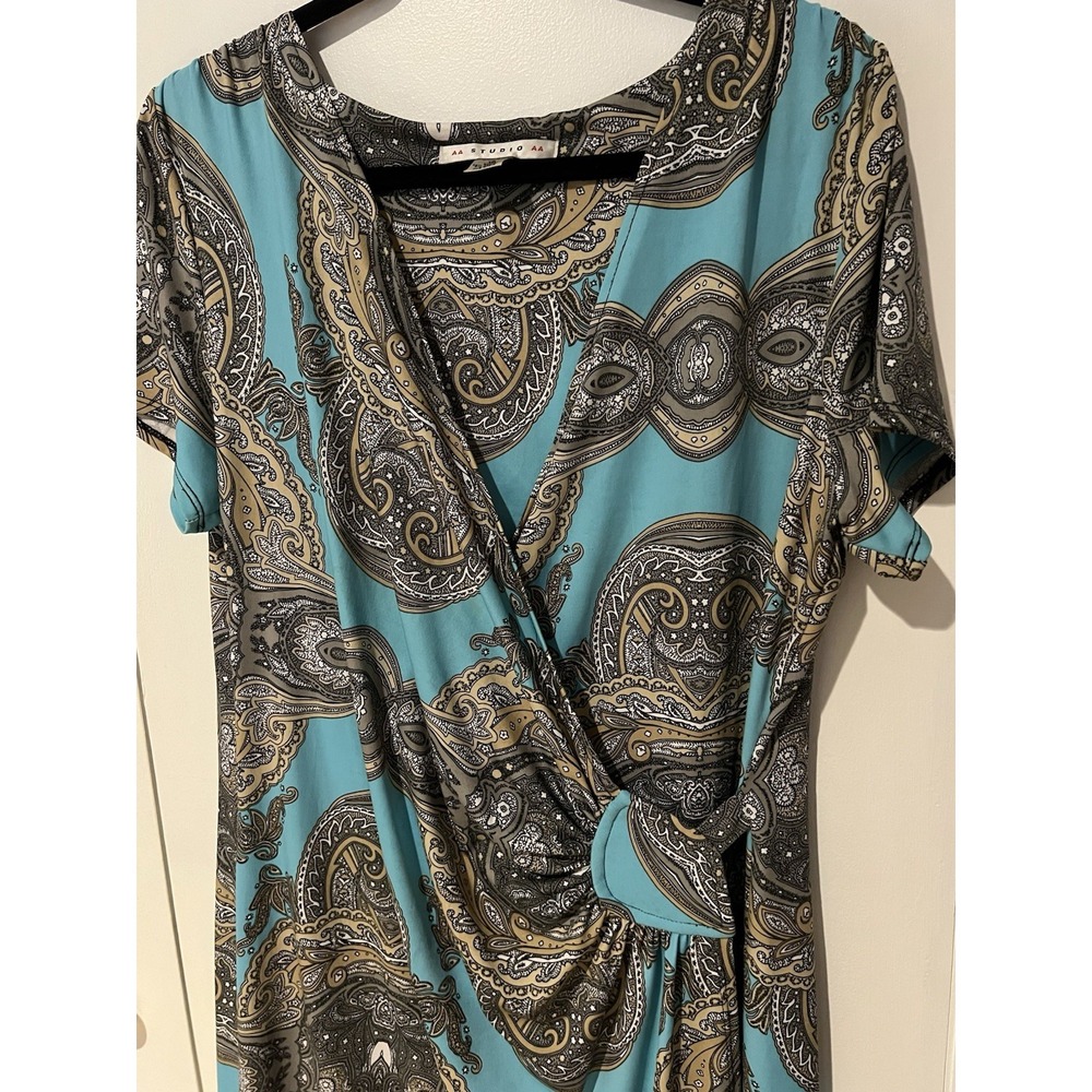 AA Studio AA Dress Womens 16‎ Teal Paisley Short Sleeve V-Neck Faux Wrap Style